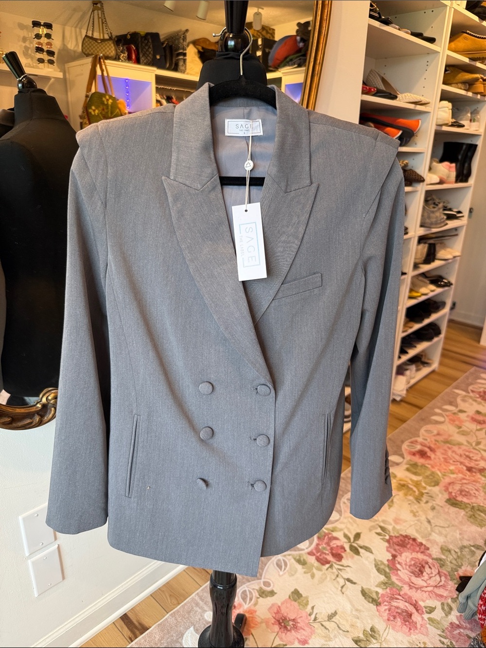 Sage Gray Double-Breasted Tailored Blazer